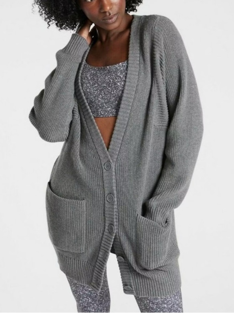 French Connection Gray Oversized Rib-Knit Cardigan